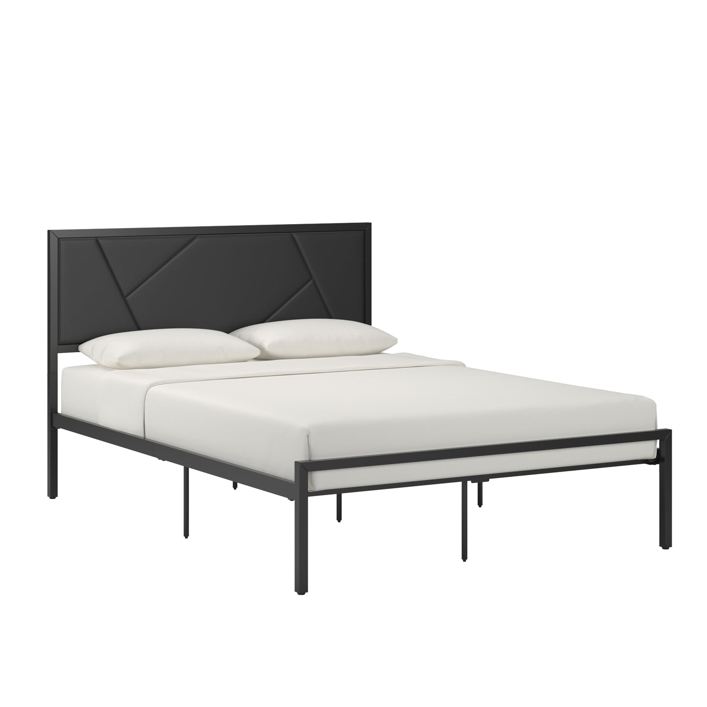 Metal Platform Bed with Geometric Headboard - Black, Full (Full Size)