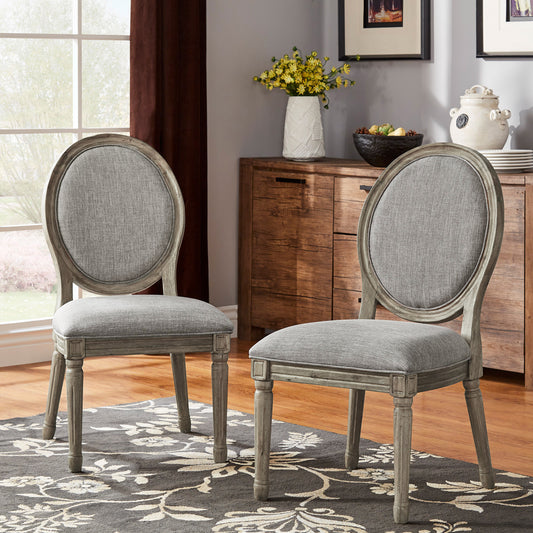 Round Linen and Wood Dining Chairs (Set of 2) - Gray Linen, Antique Gray Oak Finish