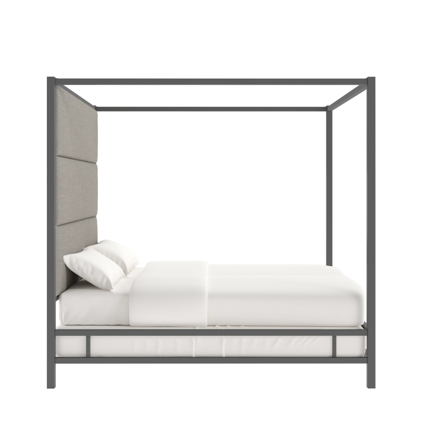 Metal Canopy Bed with Linen Panel Headboard - Gray Linen, Black Nickel Finish, King Size