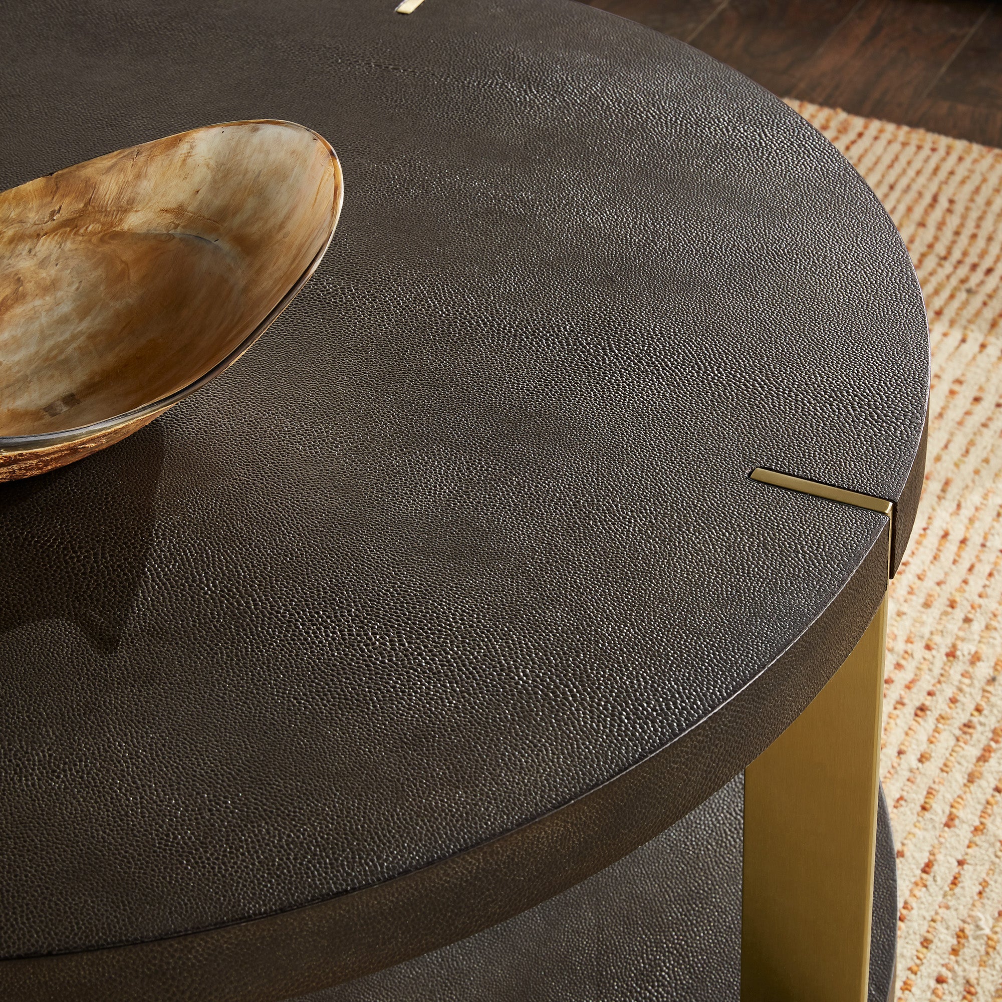 Gold Finish Metal Dark Brown Faux Shagreen Round Table Dark Brown Coffee Table by Inspire Q Bold