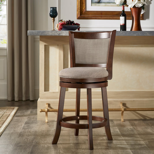 Upholstered Back Swivel Stool - 24" Counter Height, Cherry Finish, Gray Linen