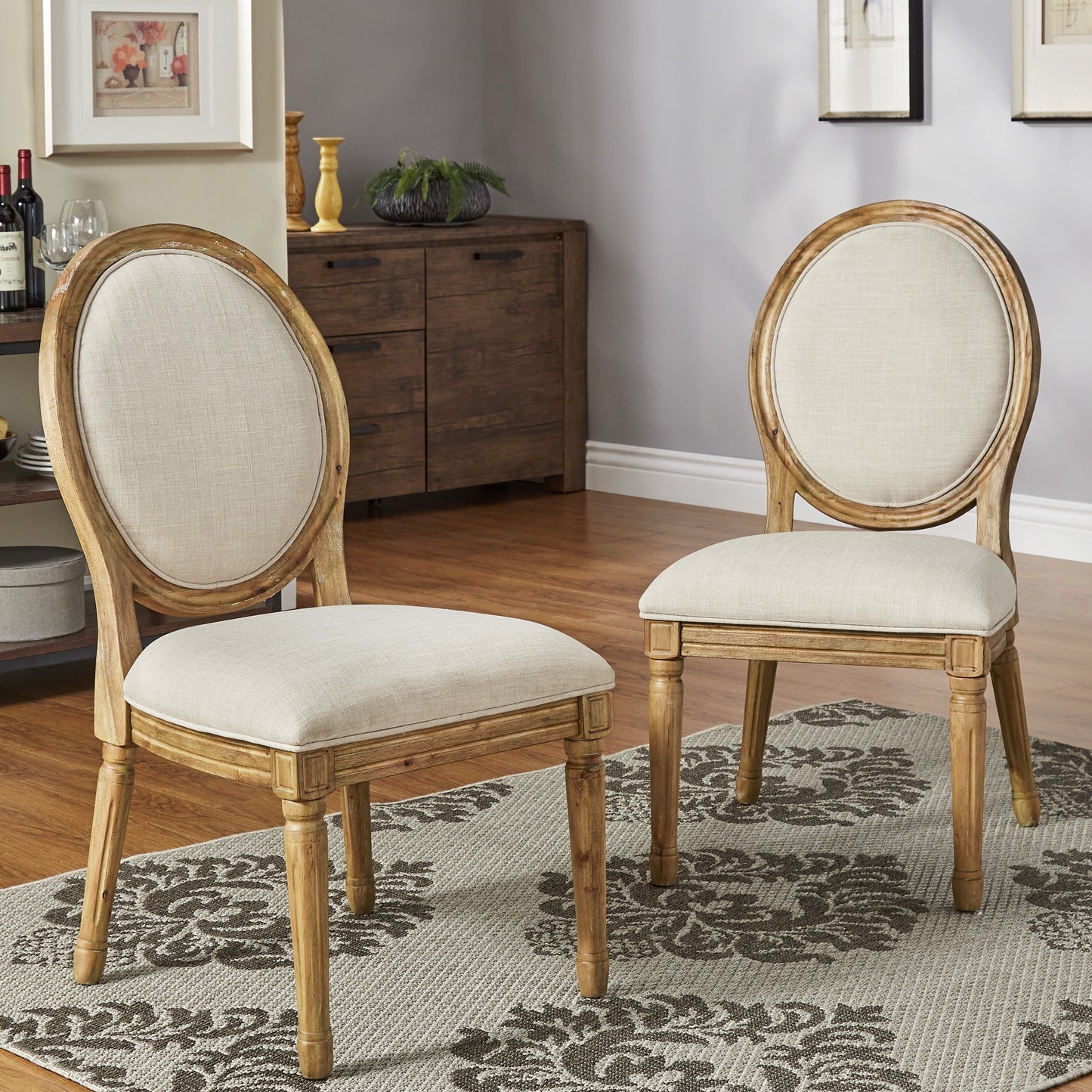 Rustic X-Base Round Pine Finish Dining Table Set - Beige Linen, Round Chair Backs