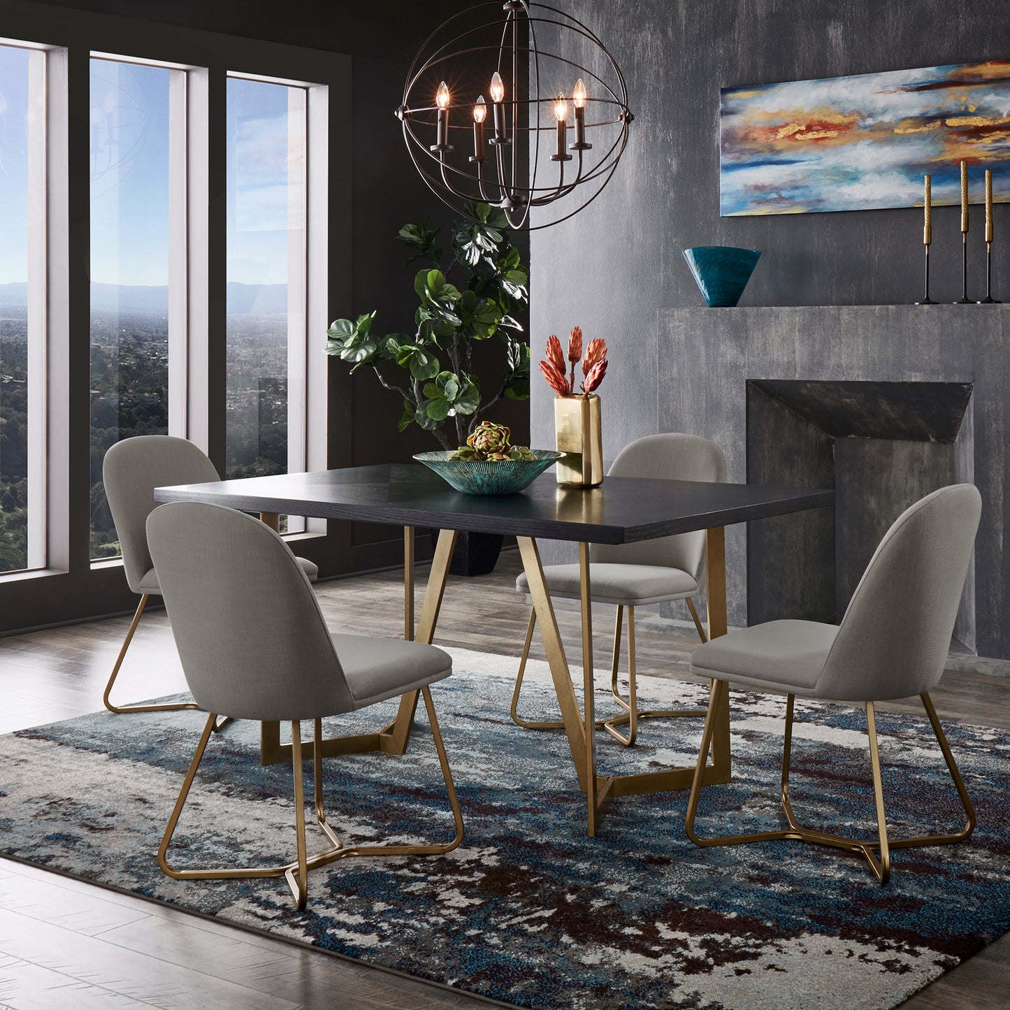 Black and Distressed Gold Finish Dining Set - 5-Piaca Sat, Flint Gray Upholstarad Chairs