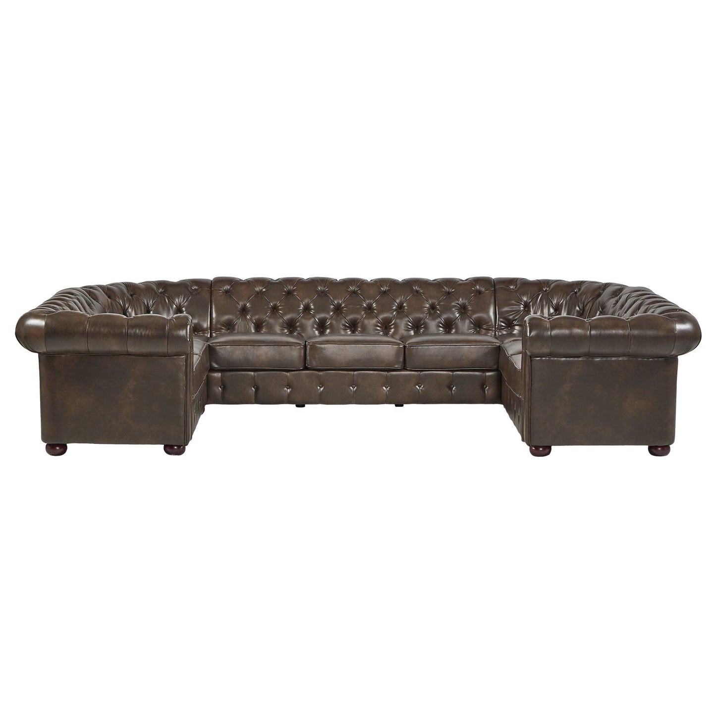 9-Seat U-Shaped Chesterfield Sectional Sofa - Brown Bonded Leather