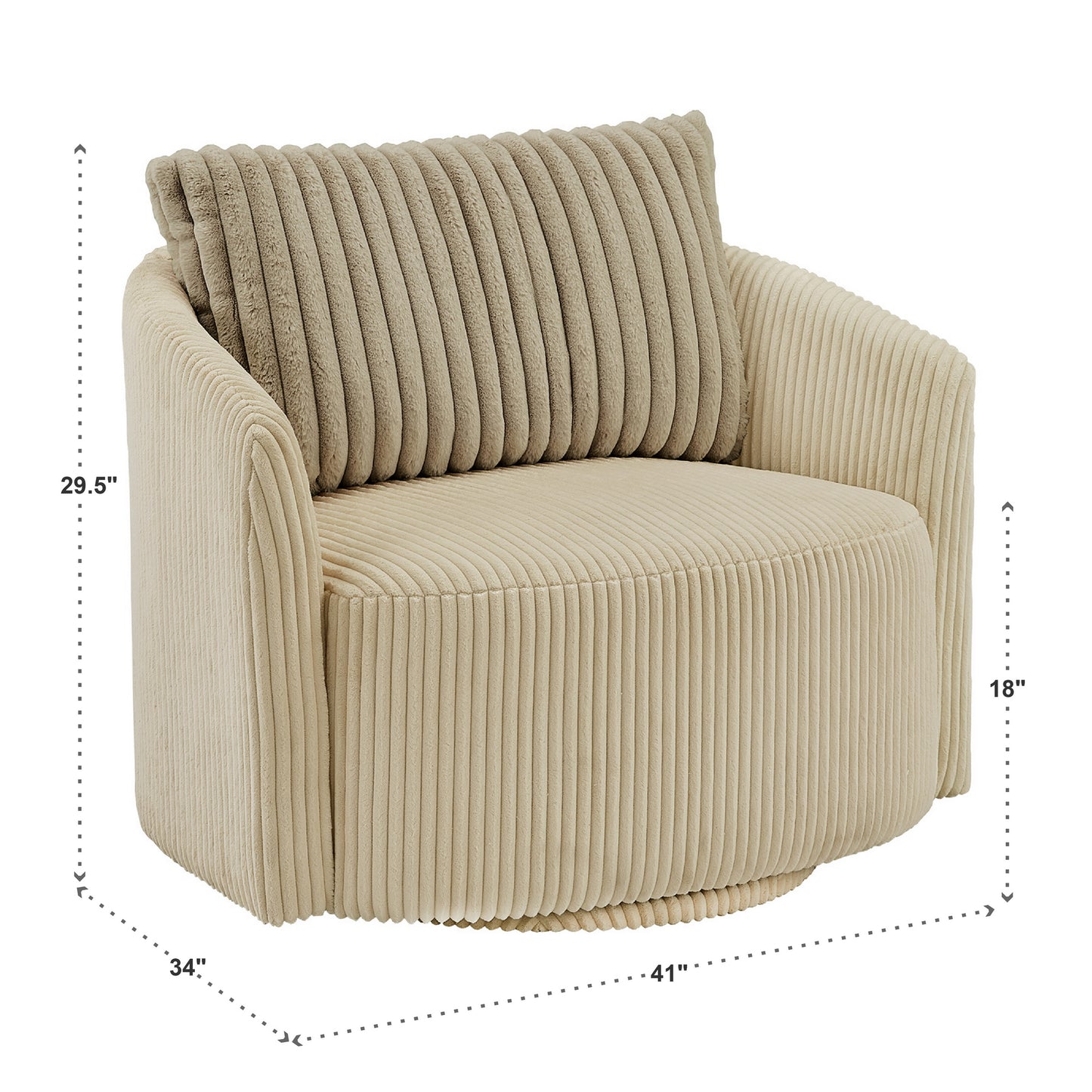 Oversized Wale Corduroy Swivel Accent Chair with Furry Channel Pillow - Beige Chair, Taupe Pillow