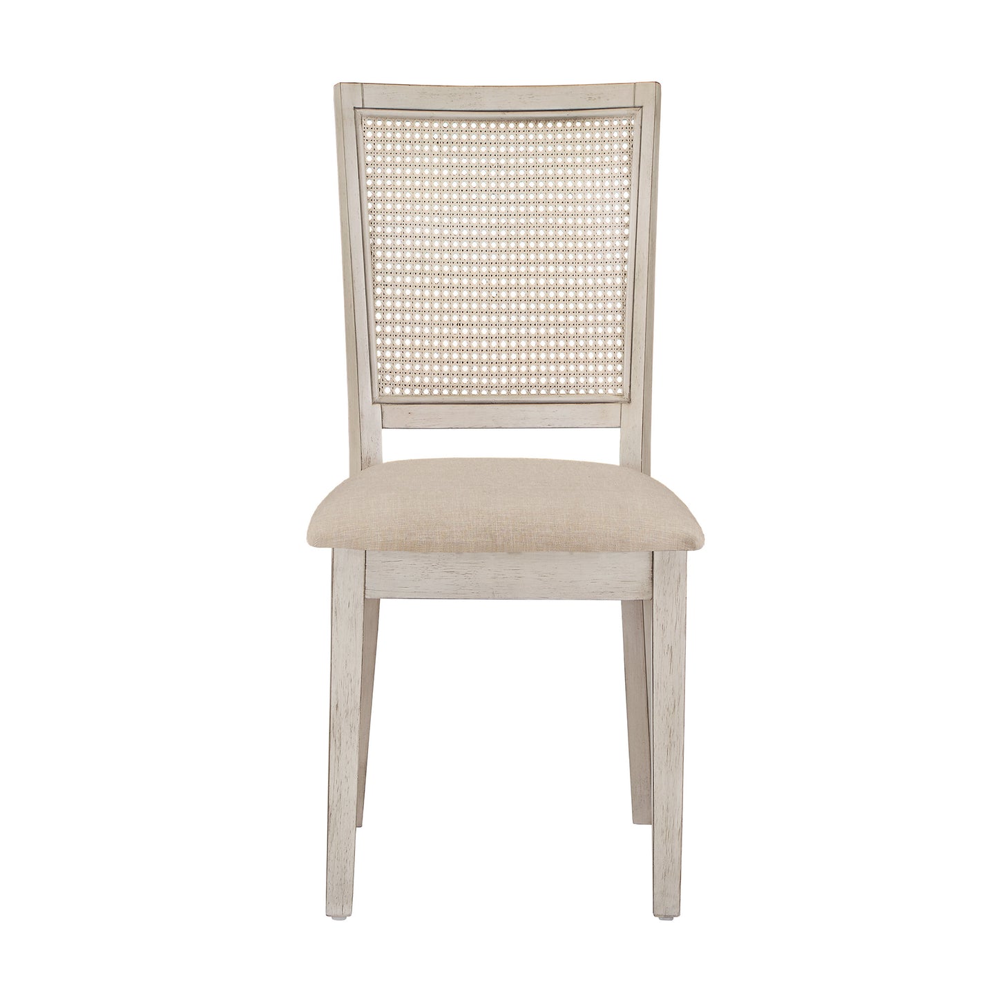 Antique White Beige Linen Rattan Back Dining Chairs (Set of 2)