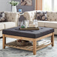 Pine Planked Storage Ottoman Coffee Table - Dark Gray Linen, Dimpled Tufted