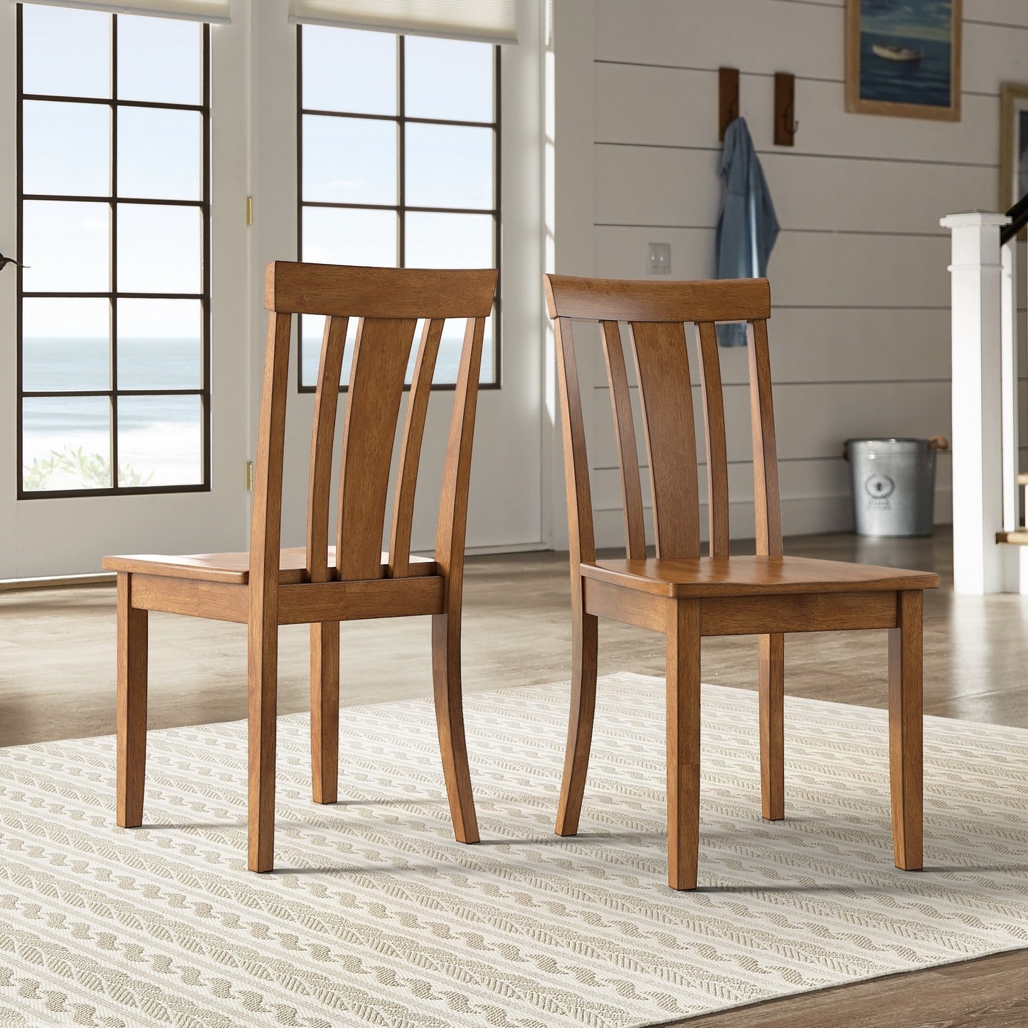 60-inch Rectangular Oak Finish Dining Set - Slat Back Chairs, 6-Piece Set