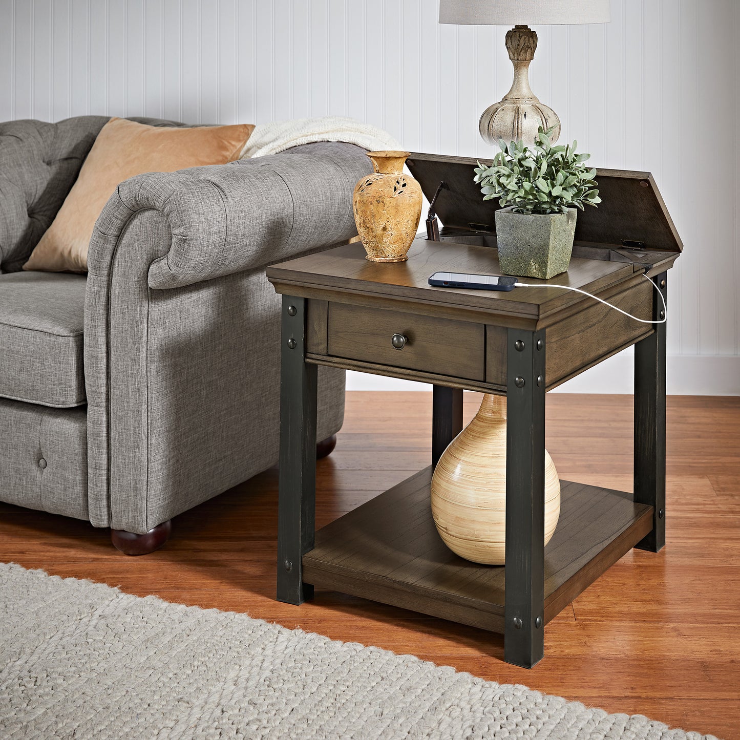 Wood Finish End Table with Built-In Outlets - Antique Gray