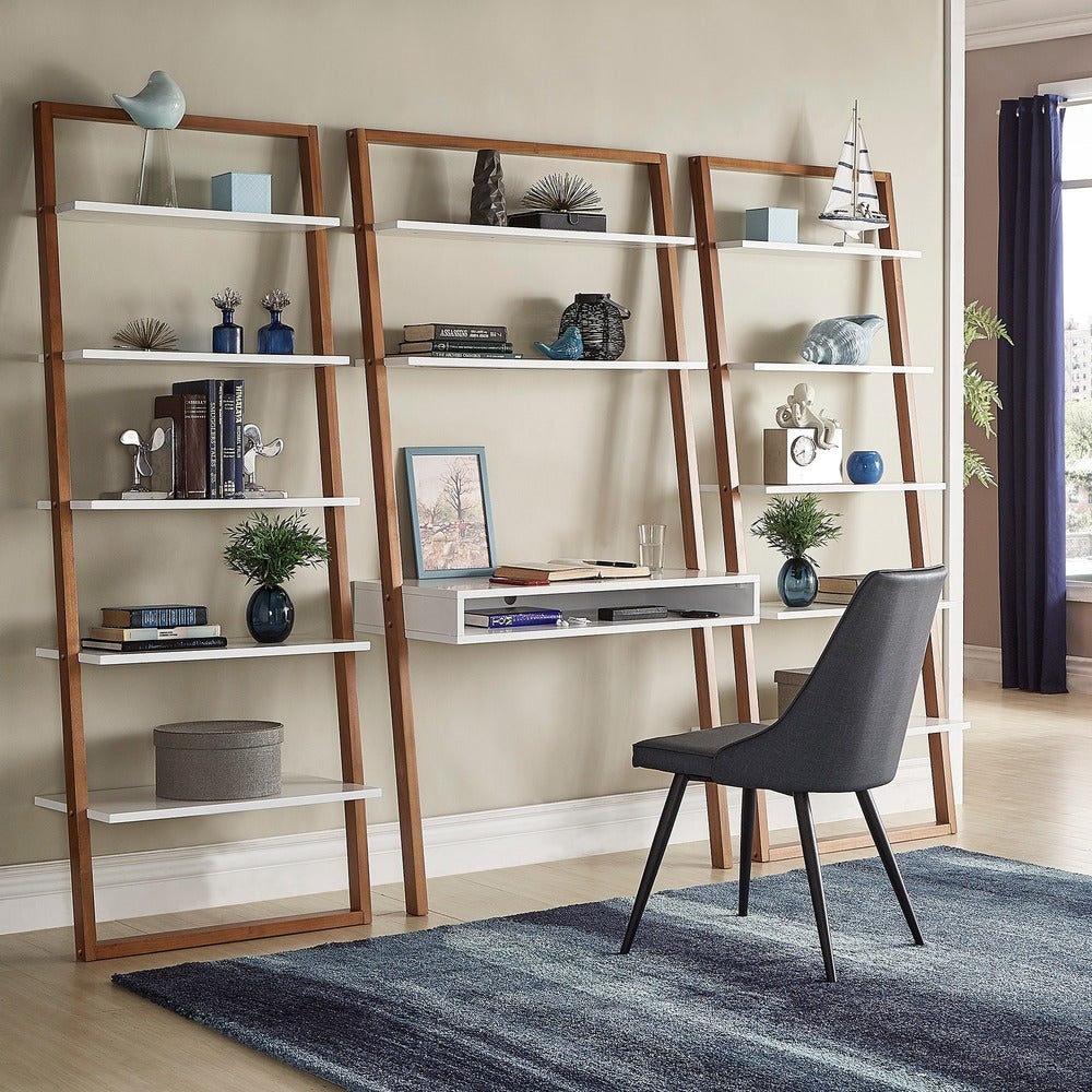 Two-Tone Leaning Ladder Desk and Bookcase Set - Natural and White Finish, 1 Desk and 2 Ladder Bookcases