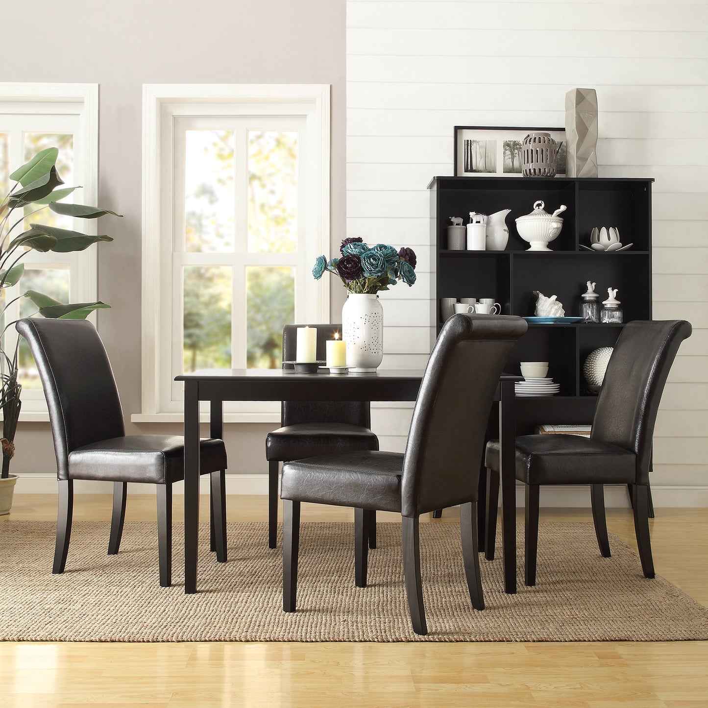 Faux Leather 5-Piece Dining Set - Brown Faux Leather, Rectangular Dining Table