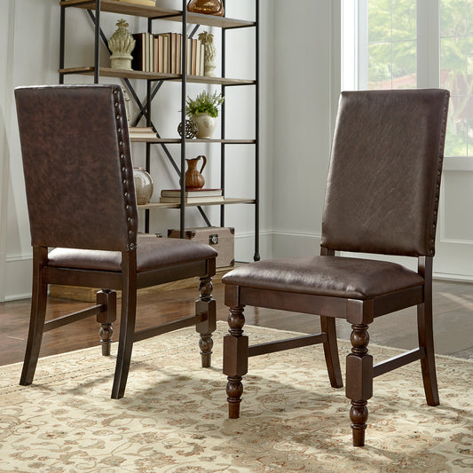 Nailhead Upholstered Dining Chairs (Set of 2) - Burnished Dark Oak Finish, Dark Brown Faux Leather