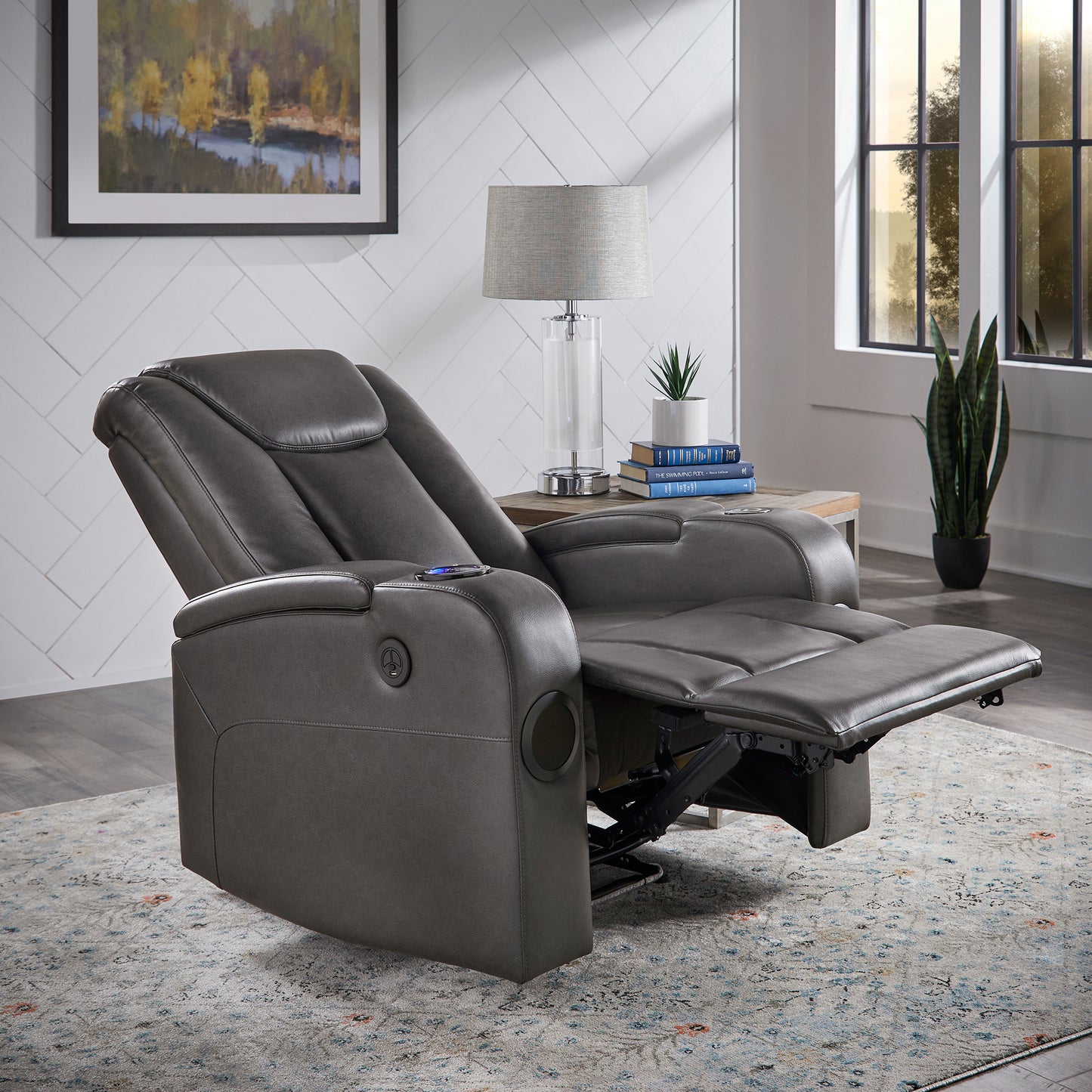 Gray Vegan Leather LED Power Recliner with Speaker, Storage, USB and Wireless Charger