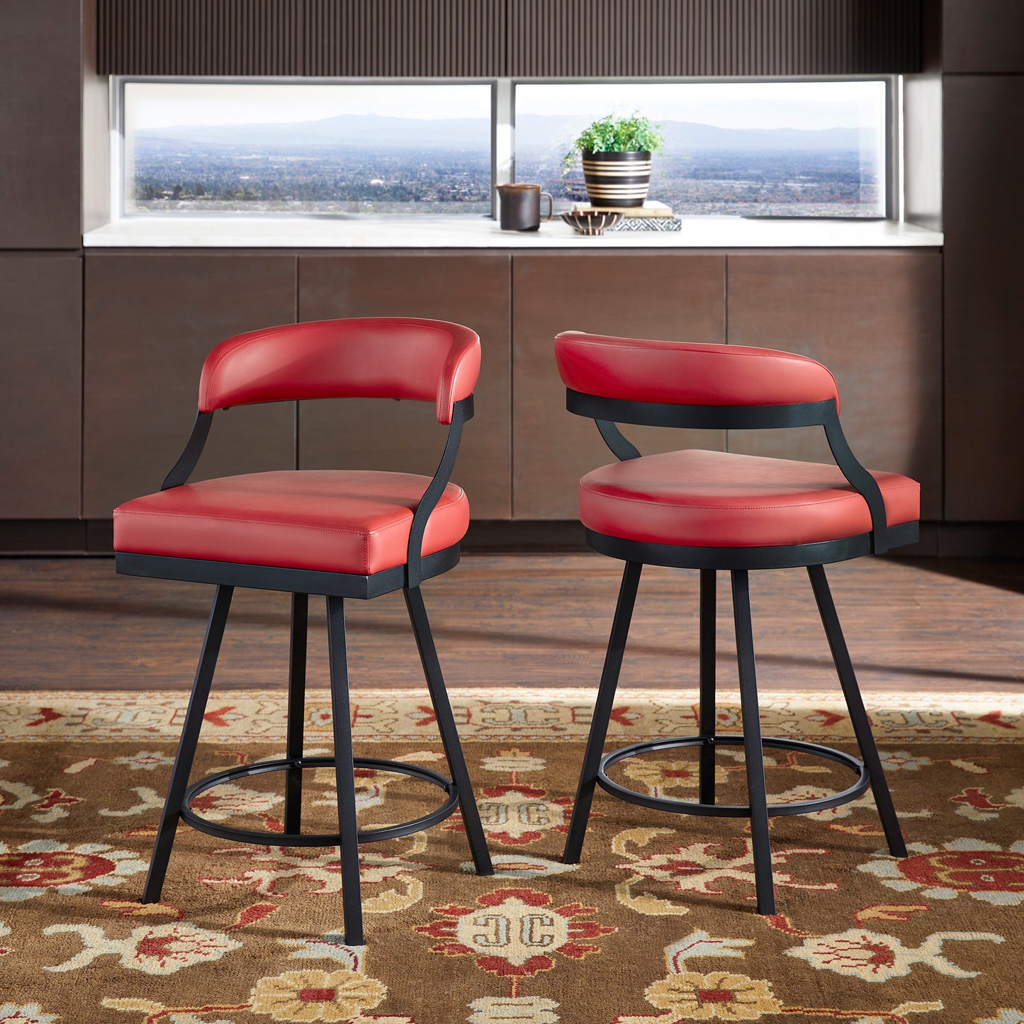 Black Finish Metal Vegan Leather Swivel Chair (Set of 2) - 24 in. Counter Height, Red