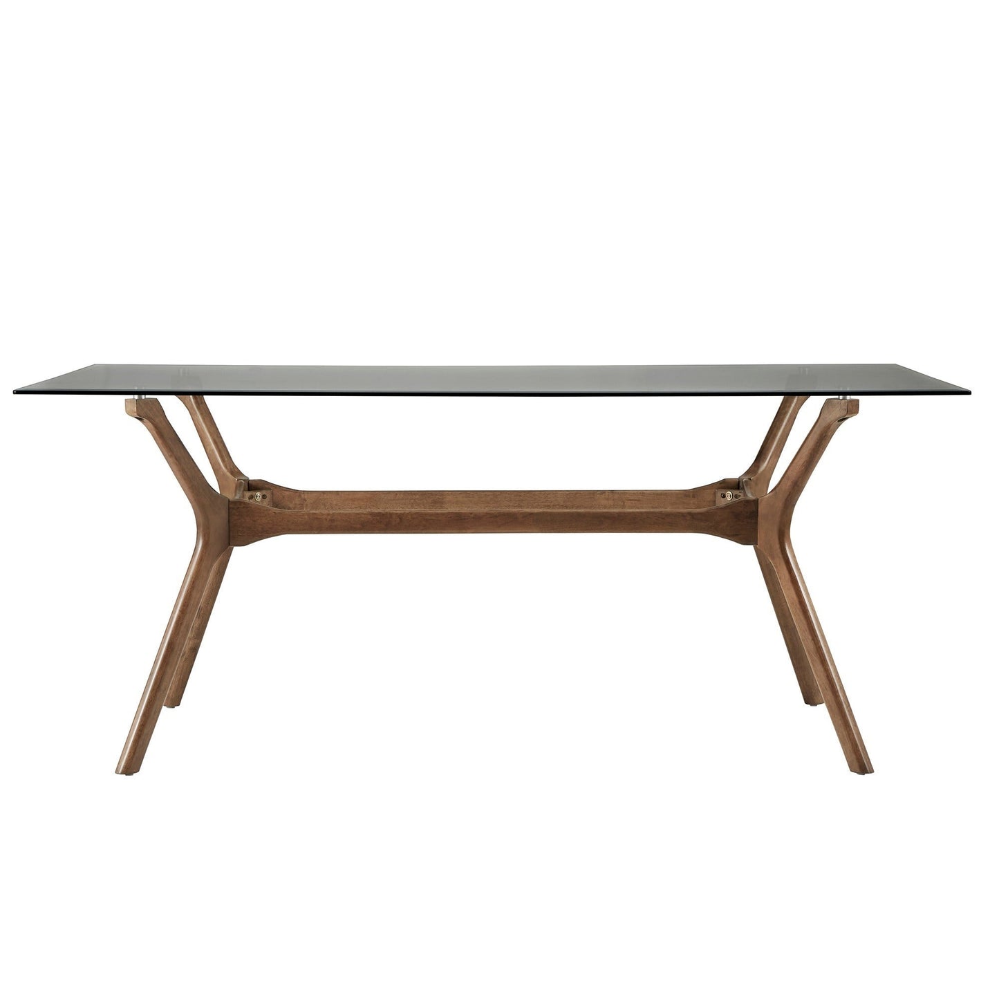 Mid-Century Walnut Finish Rectangular Dining Table - Smoked Glass Top