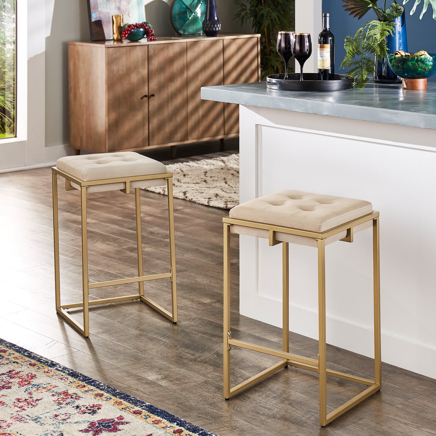 Gold Finish Velvet Button Tufted Bar Stools (Set of 2) - Beige Velvet, 24" Counter Height