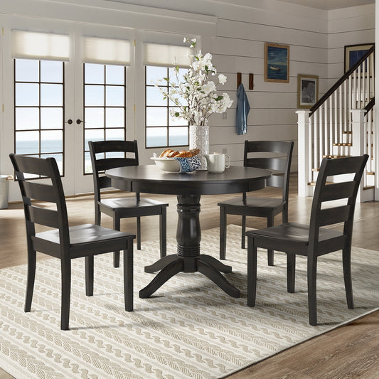 Wood 5-Piece Breakfast Nook Set - Antique Black Finish, Ladder Back, Round Table