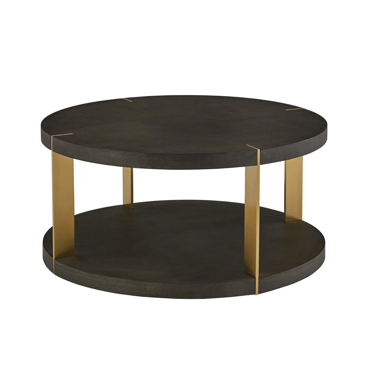 Gold Finish Metal Dark Brown Faux Shagreen Round Table - Dark Brown, Coffee Table