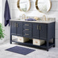 Bathroom Sink Vanity with White Marble Veneer Stone Top - 60", Double Sinks, Navy Blue with Gold Finish Hardware