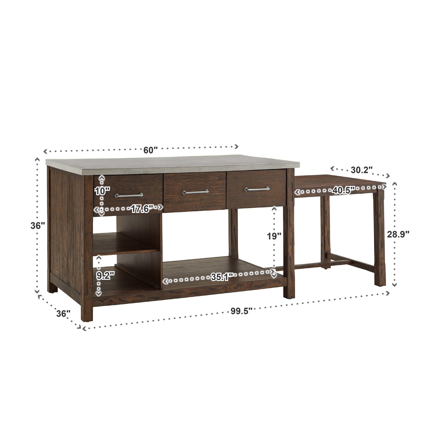 Reclaimed Look Extendable Kitchen Island - Brown Finish, Concrete Veneer Top