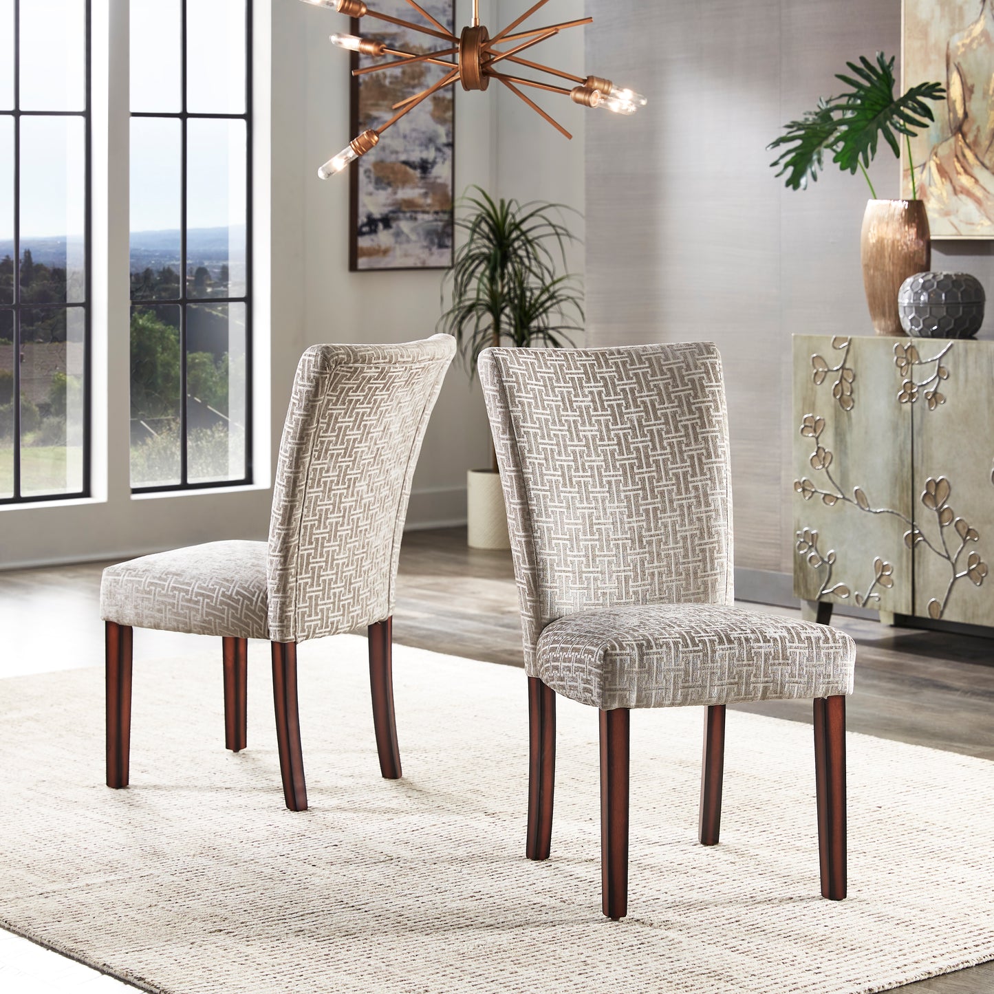 Print Parsons Dining Side Chairs (Set of 2) - Esprasso Finish, Gray Brackat Chain Print Fabric