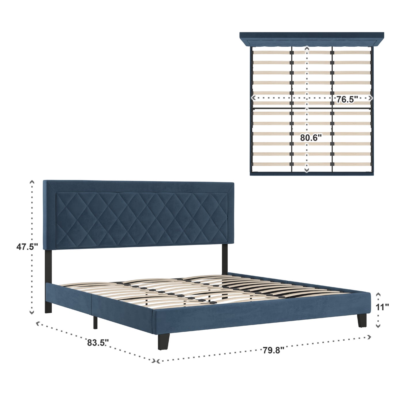 Black Finish Frame with Velvet Fabric Platform Bed - Dark Blue, King (King Size)