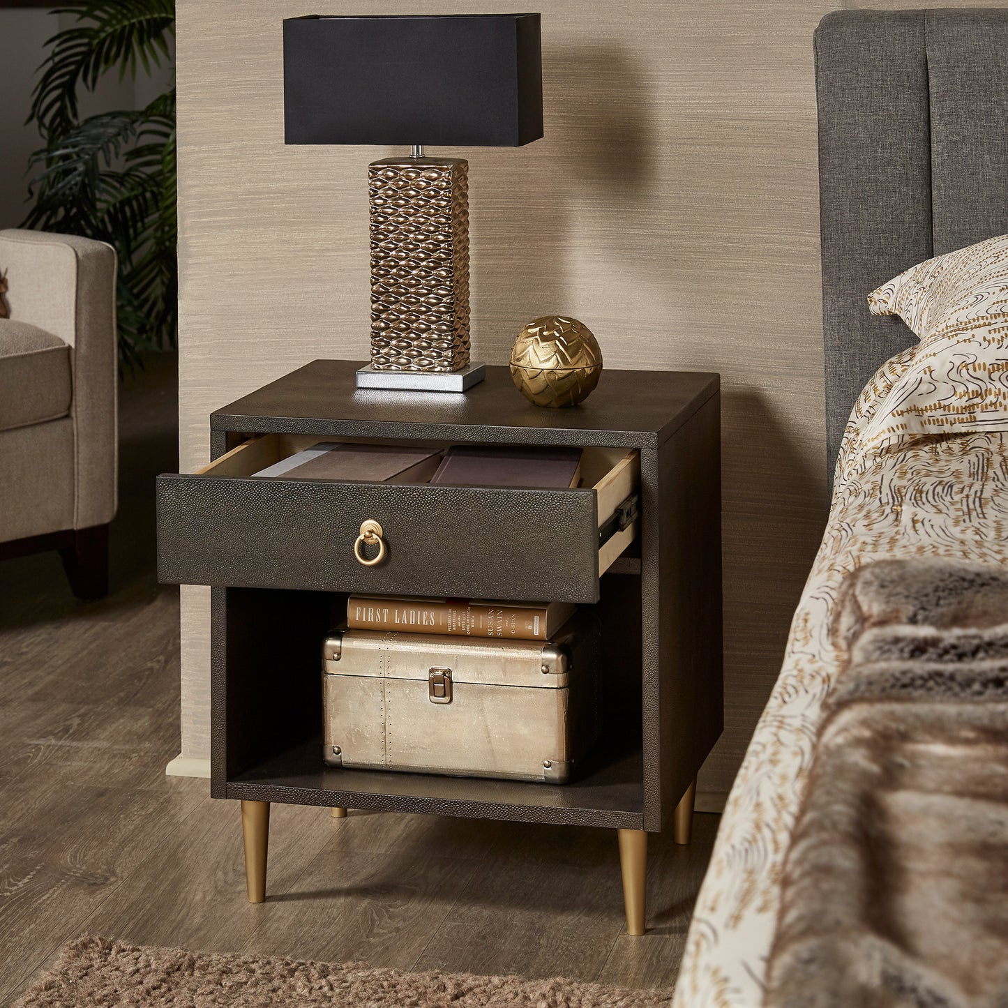 Gold Finish Metal Dark Brown Faux Shagreen 1-drawer Side Table