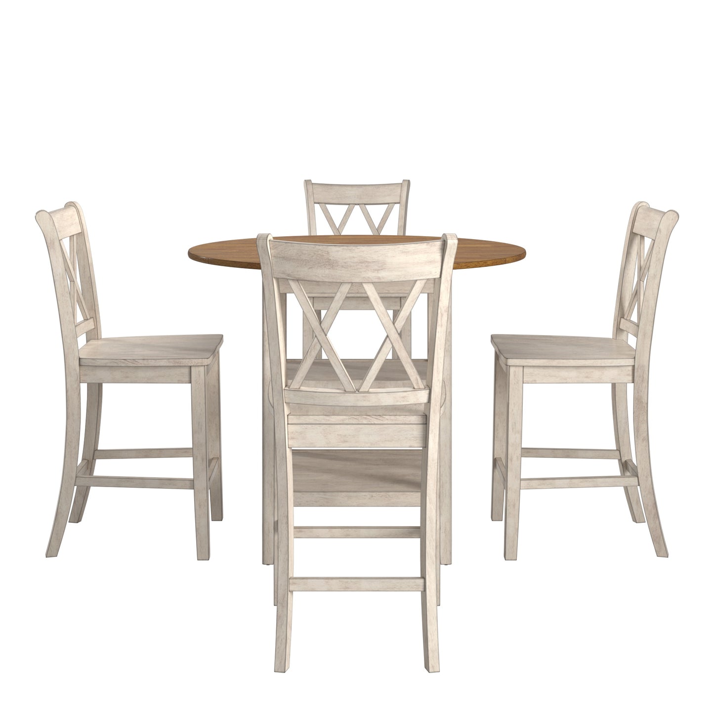 Antique Finish Drop Leaf Round Counter Height Dining Set - Antique White, Double X Back Chair, 5-Piece