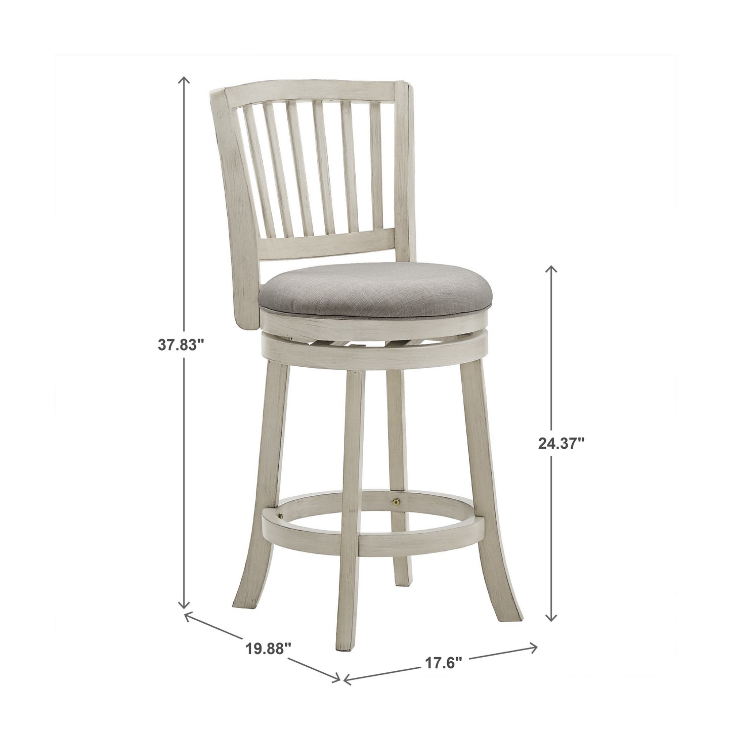 Slat Back Swivel Chair - 24" Counter Height, Antique White Finish, Gray Linen