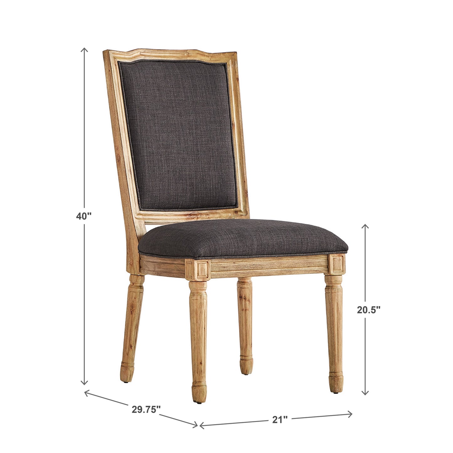 Ornate Linen and Wood Dining Chairs (Set of 2) - Dark Gray Linen, Natural Finish