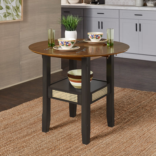 Cane Accent Dining - Round Top Table with 2-Drop Leaves, Oak and Antique Black Finish