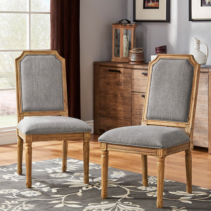 Arched Linen and Wood Dining Chairs (Set of 2) - Gray Linan, Natural Finish