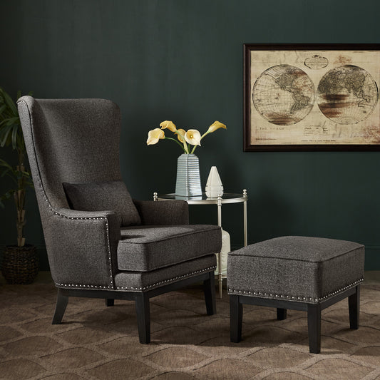 High Back Wing Lounge Chair with Footstool - Black Heathered Weave