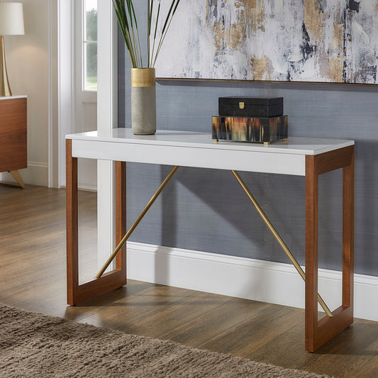 Two-Tone High Gloss White and Walnut Finish Sofa Table