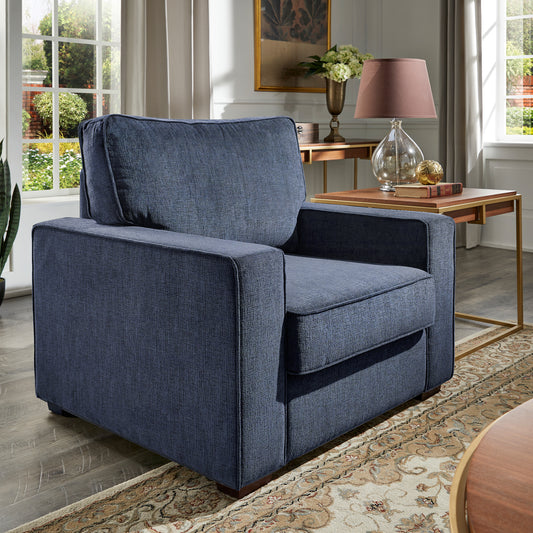 Modern Fabric Upholstered Square Arm Sofa - Living Room Chair, Blue Chenille Fabric