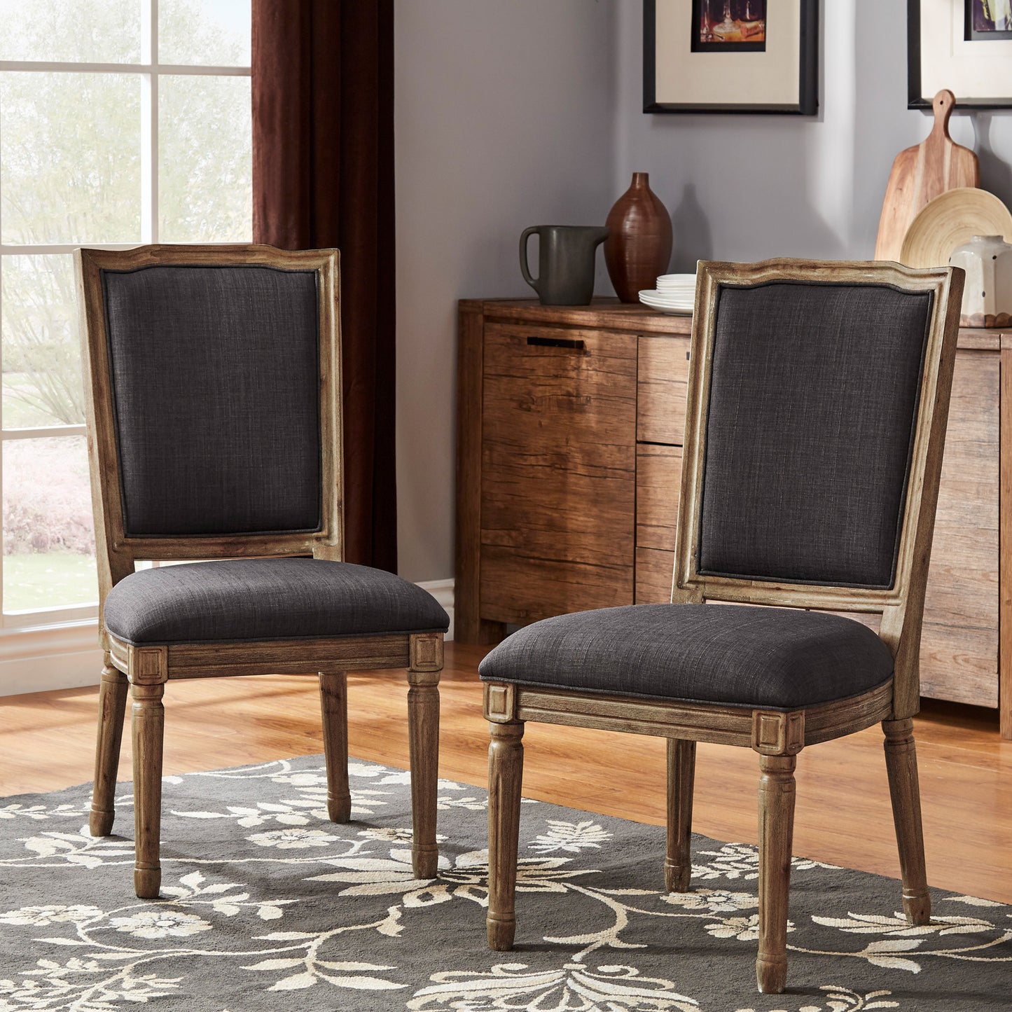 Ornate Linen and Wood Dining Chairs (Set of 2) - Dark Gray Linen, Brown Finish