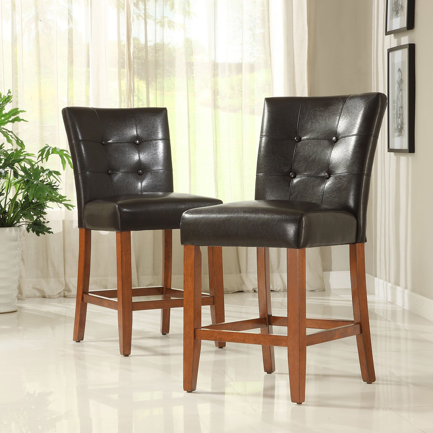 Tufted High Back Counter Height Stools (Set of 2) - Cherry Finish, Dark Brown Faux Leather