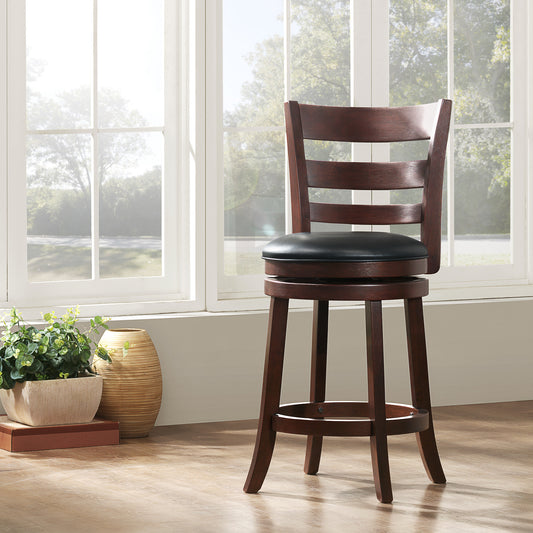 Ladder Back 24"H Swivel Counter Height Stool - Dark Cherry Finish, Black Faux Leather