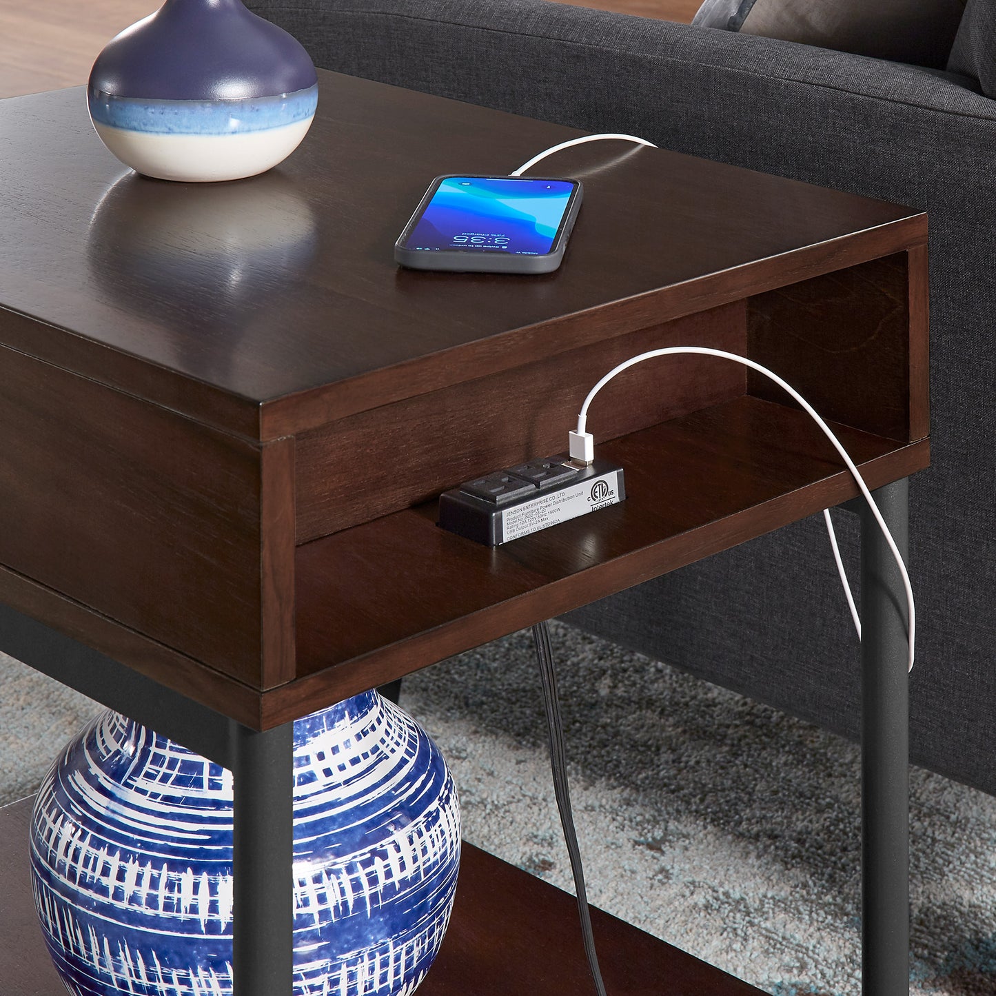 Two-Tone Rectangular End Table with USB Port - Walnut Finish