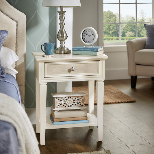 White Finish Beige Linen Drawer 1-Drawer Nightstand