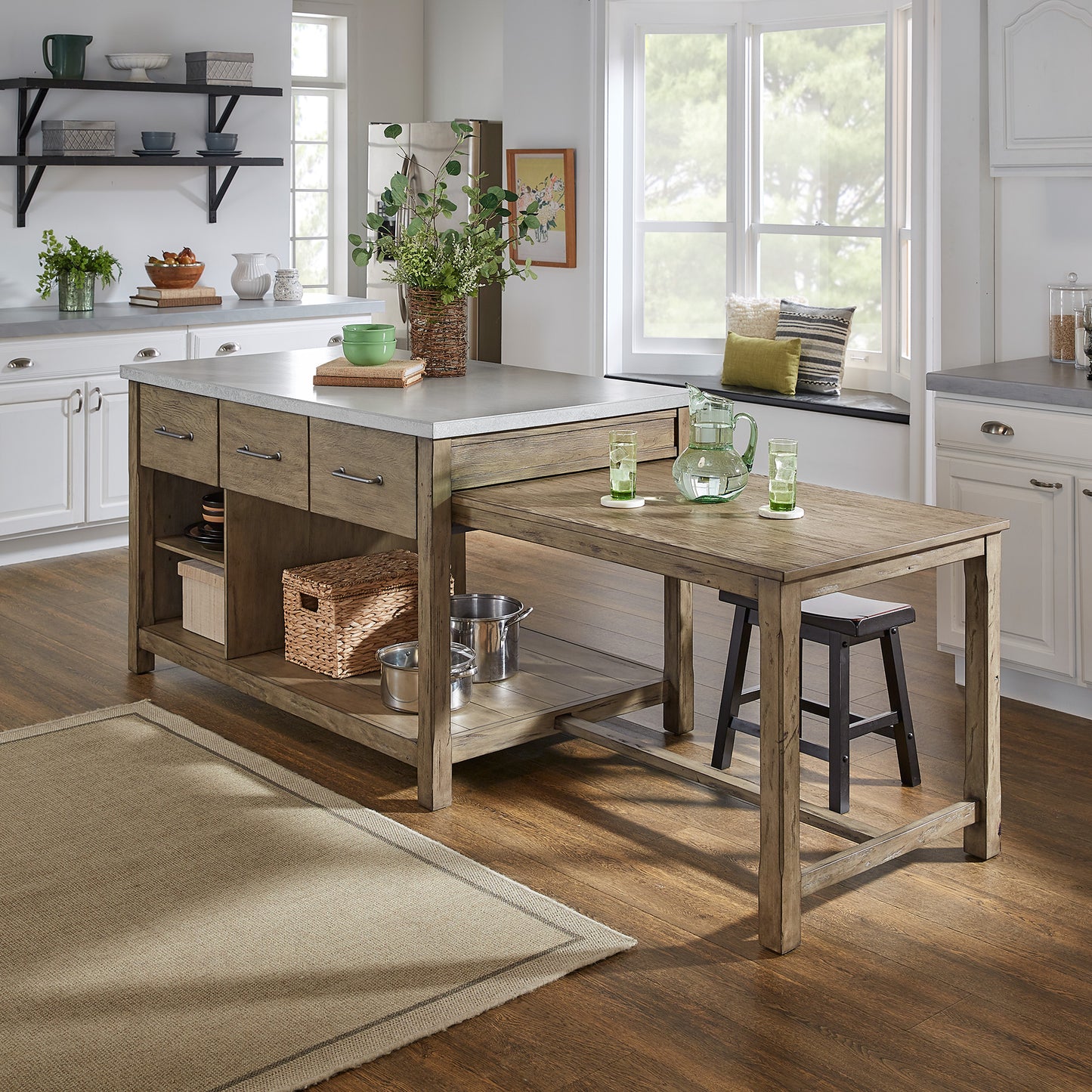 Reclaimed Look Extendable Kitchen Island - Antique Gray Finish, Concrete Veneer Top