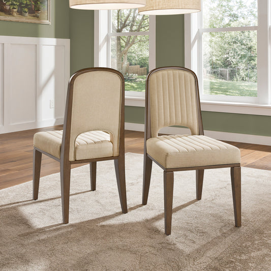 Wood Finish Cream Fabric Channel Stitching Dining Chair (Set of 2) - Walnut