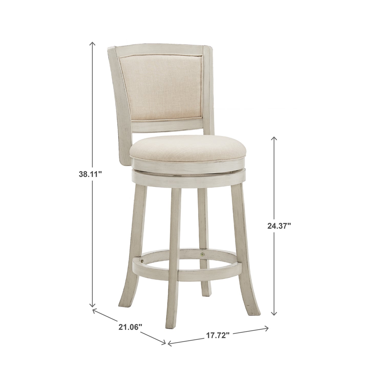 Upholstered Back Swivel Stool - 24" Counter Height, Antique White Finish, Beige Linen