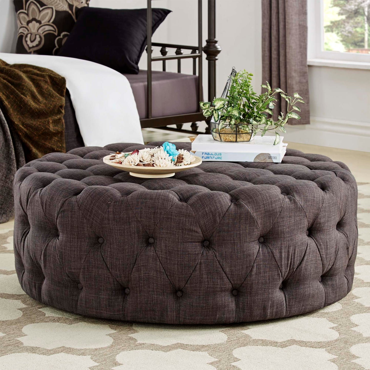 Round Tufted Ottoman with Casters - Dark Gray Linen