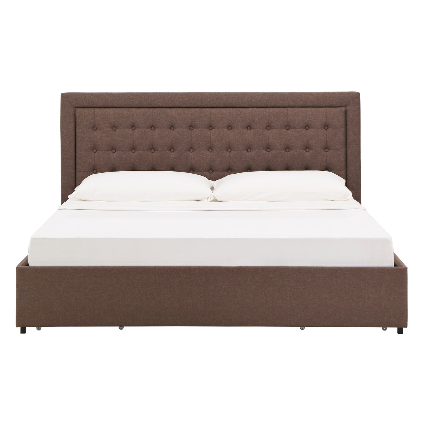 Tufted Linen Headboard Storage Platform Bed - Brown Linen, King (King Size)