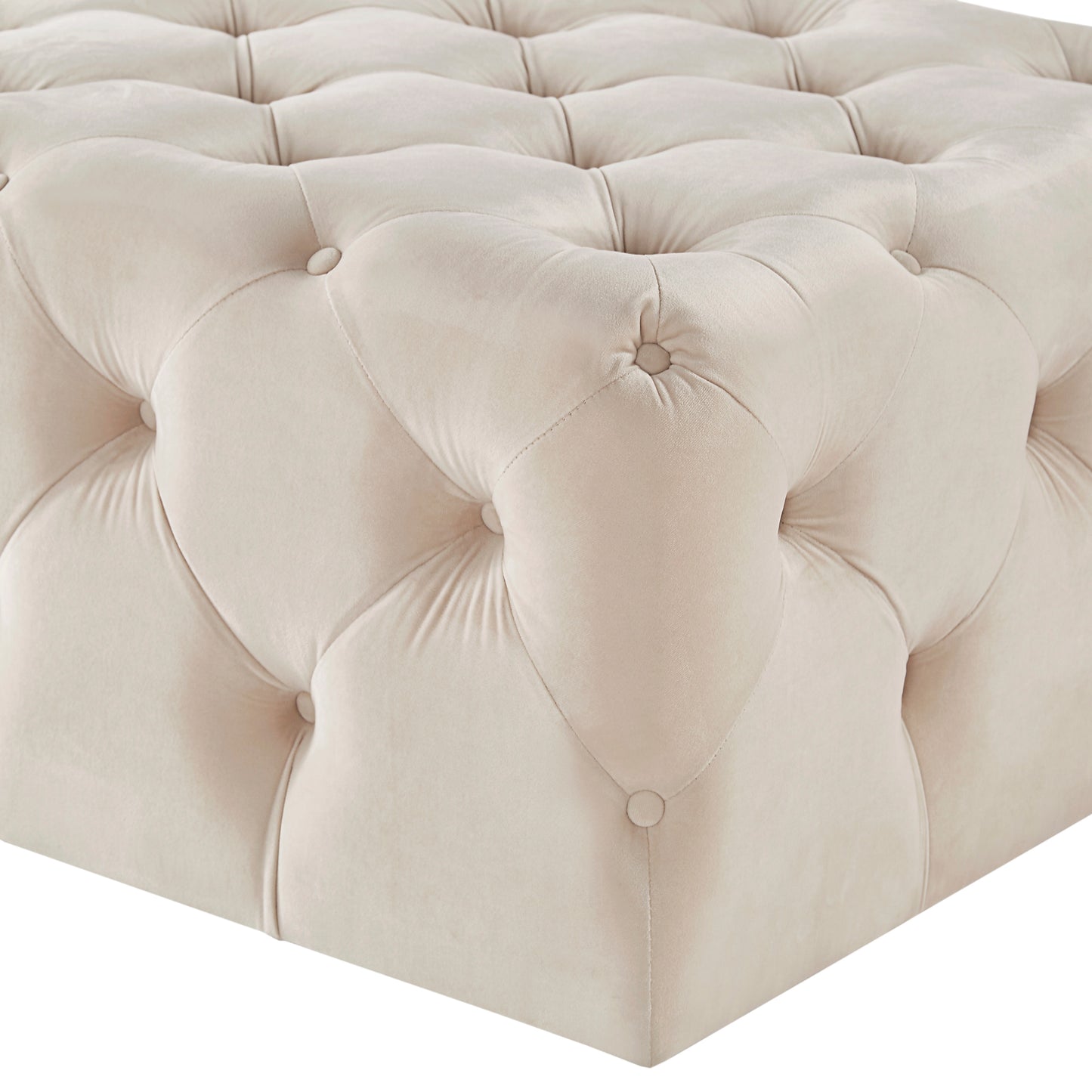 Rectangular Tufted Ottoman with Casters - Beige Velvet