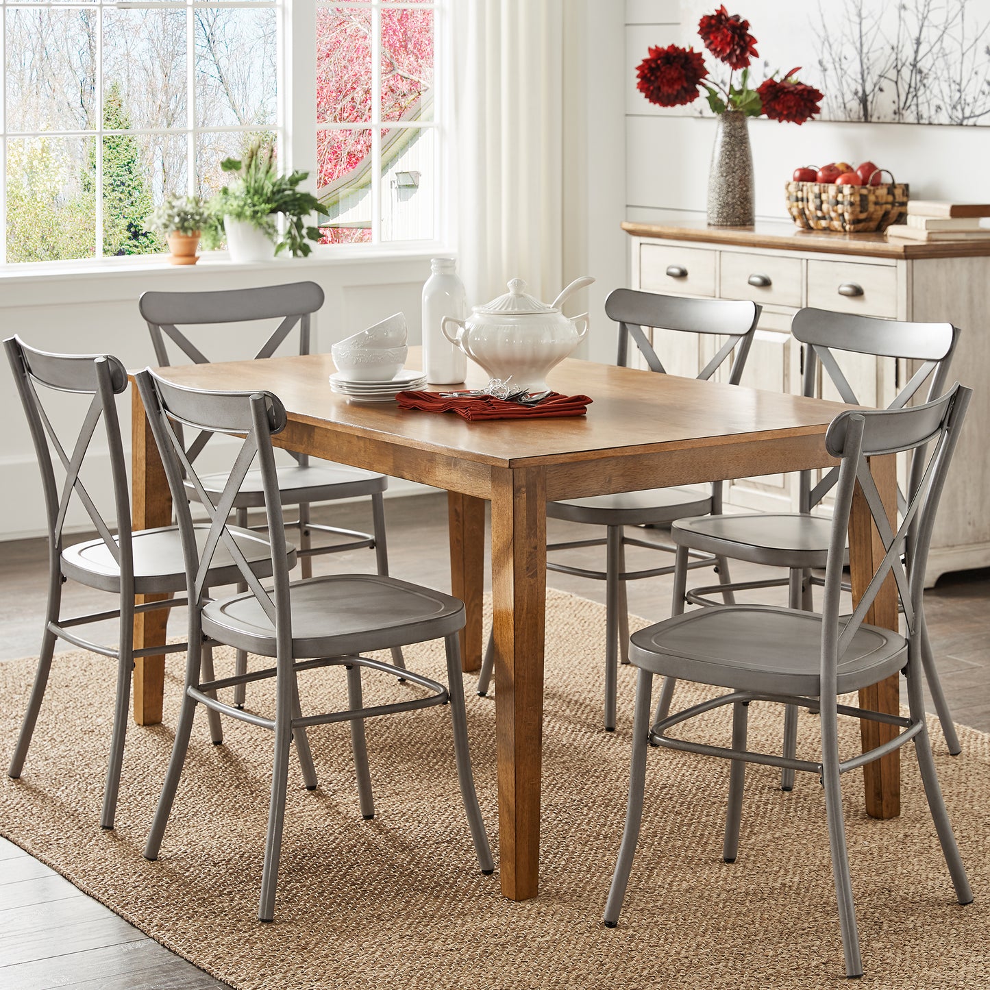 Oak Wood Finish Rectangle Dining Set - Antiqua Gray Finish, 60" Ractangular Tabla, 7-Piaca Sat