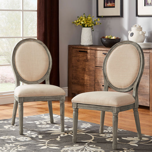 Round Linen and Wood Dining Chairs (Set of 2) - Baiga Linan, Antiqua Gray Oak Finish