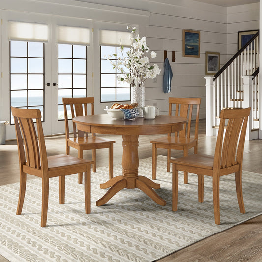 Round Pedestal Base 5-Piece Dining Set - Oak Finish, Slat Back