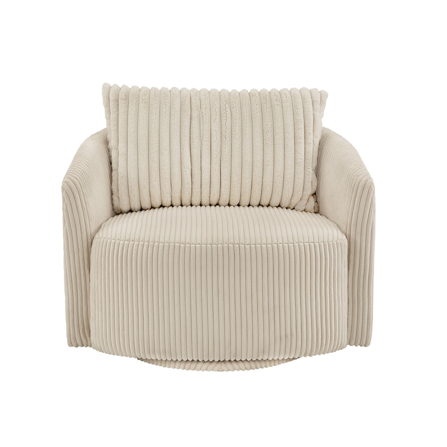 Oversized Wale Corduroy Swivel Accent Chair with Furry Channel Pillow - Beige Chair, Taupe Pillow